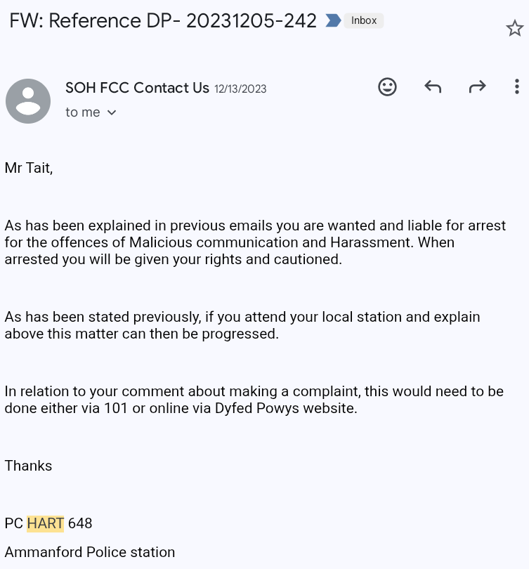 Email from PC Hart, December 13, 2023